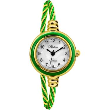 Imagem de Blekon Relógio feminino Collections – mostrador analógico redondo, números arábicos, caixa de 23 mm, pulseira de arame, relógio feminino elegante com pulseira de cabo.., Dourado/verde