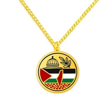 Imagem de JunyiDIY Colar bandeira palestina para homem e mulher, medalhão redondo esmaltado com mesquita Al-Aqsa e pomba, símbolo de unidade, paz e fé islâmica, 50 centímetros, Aço inoxidável, Sem Pedra