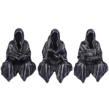 Imagem de Conjunto de 3 peças com leitor sentado no Grim Reaper Roupão longo, decoração de casa preta e prata, escultura gótica Grim Reaper, adequada para divisórias de escritório, estantes de livros, desktops