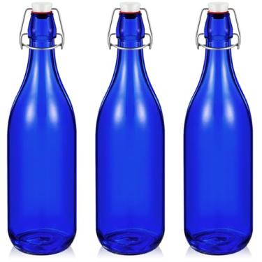 Imagem de Teenyyou 3 garrafas de vidro azul cobalto 1 L / 956.8 g garrafas de vidro azul swing top garrafas de vidro com tampa hermética para vinho caseiro, faça você mesmo, faça suas próprias bebidas