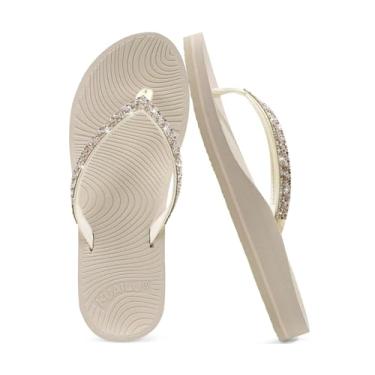 Imagem de KuaiLu Chinelo feminino de strass com suporte de arco confortável tapete de ioga sandálias de almofada moda verão praia viagem ortopédica caminhada tanga sandálias sem cadarço fascite plantar sapatos