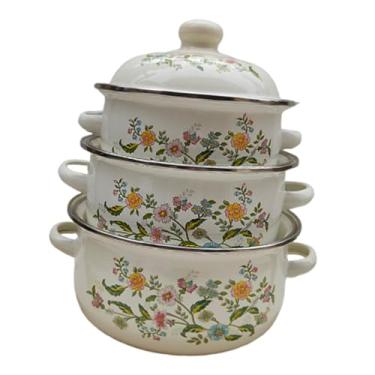 Imagem de Fenteer 3 peças de panelas esmaltadas, potes de sopa, utensílios de cozinha, conjunto de panelas esmaltadas com padrão floral, de fundo plano para cozinha, Style B