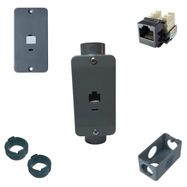 Imagem de KIT Tomada RJ45 Preta 3/4pol + Condulete Sobrepor 4/2pol PVC Antichamas Reforçado (Cinza)
