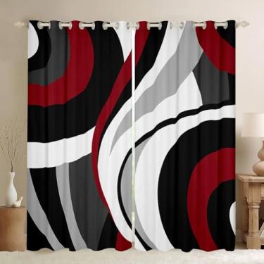 Imagem de Cortinas com listras vermelhas pretas abstratas, círculo, ondas, cortina de janela, geometria, redemoinho, tratamento de janela, para crianças, adolescentes, meninas, mulheres, decoração de quarto