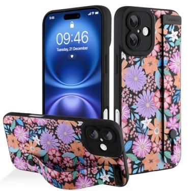 Imagem de AIGOMARA Capa para iPhone 16 Plus com alça para mulheres e meninas, linda estampa de flores florais coloridas, capa protetora de silicone com suporte de faixa macia, preta