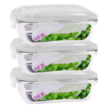 Imagem de Kit 3 Potes Vidro 640ml Hermetico Marmitas 4 Travas Resistente