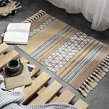 Imagem de Tapete de área de algodão boêmio de 6 x 7 cm para quarto, tapete de franja tecido à mão, tapete de porta com borlas com estampa geométrica indiana, corredor decorativo de fazenda para cozinha, banheiro, sala de estar, varanda (listra)