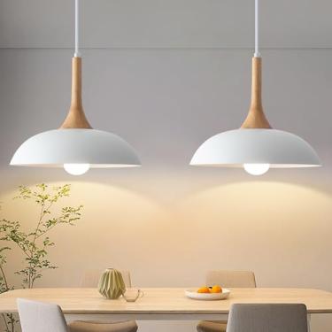 Imagem de GUIHUALOVE Luzes pendentes brancas ilha de cozinha, pacote com 2 lâmpadas pendentes modernas com tampa de madeira, luminária pendente de cúpula de 35 cm para cozinha, sala de jantar, sala de estar