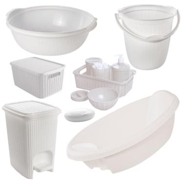Imagem de Kit 7 Peças Banheira Bebê Trama Plasútil Bacia Balde Lixeira Kit Higiene Infantil (Branco)