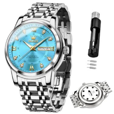 Imagem de OLEVS Relógio masculino pulseira de aço inoxidável impermeável 30 m calendário luminoso fragrância algodão para trabalho e ocasiões casuais popular, Azul-5513x