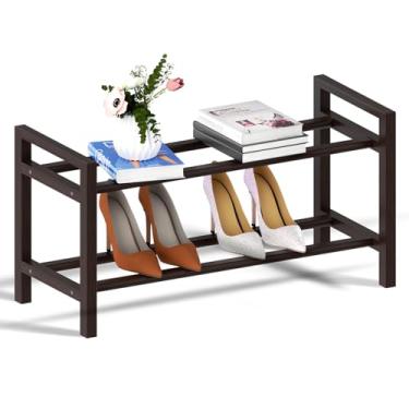 Imagem de Haddockway Sapateira de bambu para armário, organizador de sapatos de pé livre com hastes redondas lisas e alças convenientes, prateleira empilhável de armazenamento de sapatos para entrada, corredor