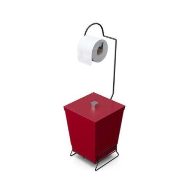 Imagem de Lixeira Com Suporte De Papel Higiênico Em Aço Preto - Stolf Vermelho