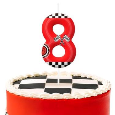 Imagem de Velas vermelhas de aniversário número 8, topo de bolo temático de carros de corrida para decoração de bolo para meninos e meninas, decorações de aniversário, suprimentos de festa, velas numéricas para