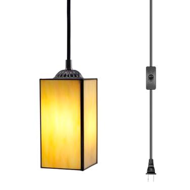 Imagem de L-Juicwe Tiffany Luminária pendente pequena para pendurar em vitral plugue ajustável de 10 cm para sala de jantar, quarto, corredor (amarelo âmbar)
