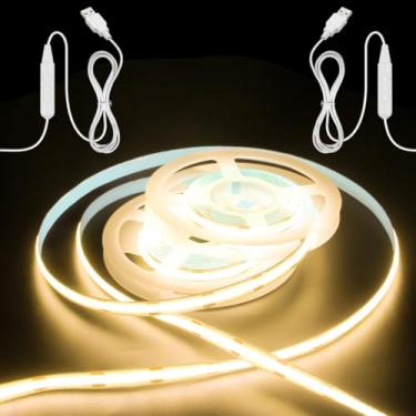 Imagem de Aclorol Fita de luz LED COB 5V USB regulável 3000K branco quente 9,5 m luzes de corda flexíveis e cortáveis para quarto, guarda-roupa, cozinha, armário, escada, casa, bricolage, iluminação 320 LEDs