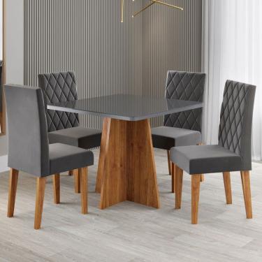 Imagem de Mesa de Jantar 4 Lugares Evah com Vidro Marrom/Grafite/Veludo Cinza - Viero Móveis