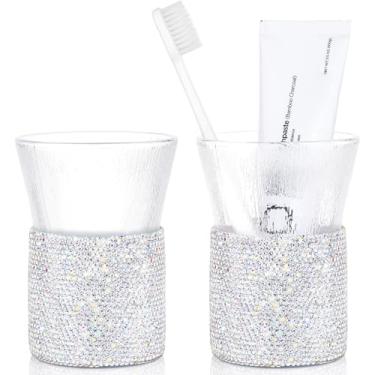 Imagem de SlowVibes Copo de escova de dentes brilhante, 2 peças de porta-escova de dentes de banheiro 270 ml, copos de enxaguante bucal de vidro reutilizáveis, organizador de bancada, design de espartilho de