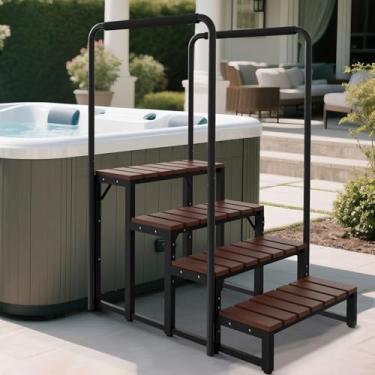 Imagem de Neorexon Escadas para banheira de hidromassagem com corrimãos duplos, escadas de banheira de hidromassagem de 4 degraus com pé nivelador, grade removível em forma de U para entrar e sair, degraus de