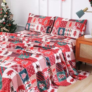 Imagem de Vaulia Lençóis de microfibra macia, estampa xadrez de árvore de Natal, conjunto de 4 peças (1 lençol com elástico, 1 lençol de cima e 2 fronhas), cor vermelha/verde, tamanho solteiro