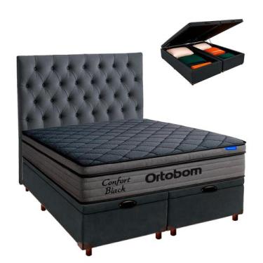 Imagem de Cama Box Bau Cinza + Cabeceira + Colchão Queen Confort Black Ortobom