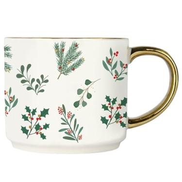 Imagem de Sweet Water Decor Caneca de café Holiday Greenery, caneca de Natal da China de 400 ml com alça dourada, copo grande de inverno para café, chá e chocolate quente, presentes de meia para mulheres