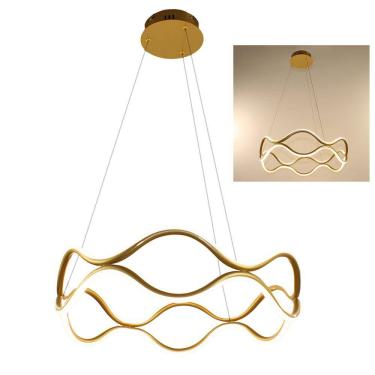 Imagem de Lustre Lumianaria Pendente Ondas Infinito 3 em 1 Dourado Led 52W Arco Aneis Sala Quarto Recepçao Comercial Residencial Decorativo