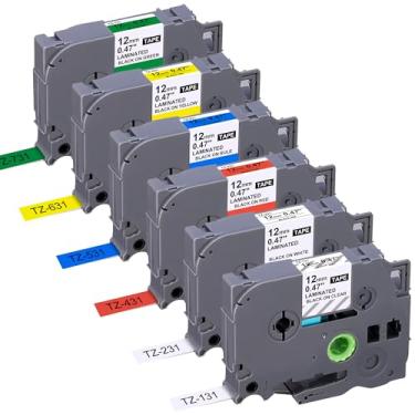 Imagem de Pacote com 6 fitas de substituição para Brother P Touch Label Tape TZe-231 131 431 531 631 731 12 mm 0,47 fita adesiva laminada multicolorida para PT-D210 H110 D220 D410 D600, transparente/branco