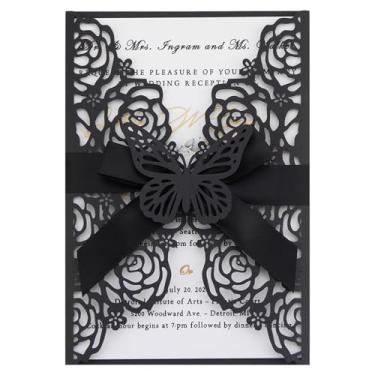 Imagem de Maffily Kit de convites de casamento preto com 50 peças, bolso de borboleta, corte a laser, com folhas internas e envelopes em branco para convites de festa de aniversário de quinze anos de
