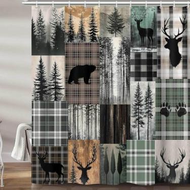 Imagem de MERCHR Cortina de chuveiro de cabine rústica, campismo, urso, veado, campo, caça, animal selvagem, azul-petróleo, cortinas para banheiro, casa de fazenda, tecido rústico, acessórios de decoração de