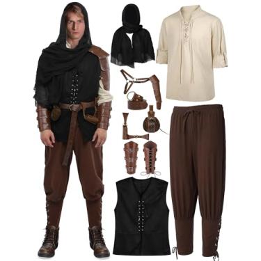 Imagem de SOMSOC Conjunto de 9 peças de fantasia masculina viking renascentista do Dia das Bruxas, camisa medieval, colete, cachecol, cinto, bolsa, capa de ombro, Marrom, XXG