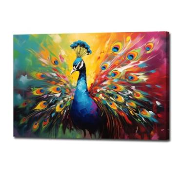 Imagem de Arte de parede em tela pavão azul com pinturas de flores elegantes impressões de imagens de arte de animais decoração de quarto de cozinha emoldurada (animal - 4,12 x 18 polegadas (30 x 45 cm))