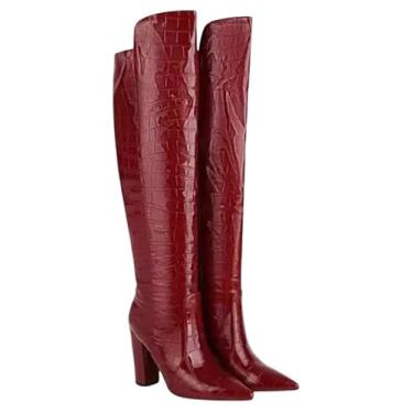 Imagem de Bota Feminina Over the Knee em Couro Croco, Salto Alto 10cm, Cano Longo (Vermelho, Padrão, BR, Adulto, Numérico, 40)