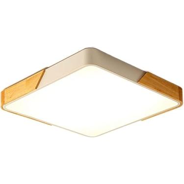 Imagem de Lustre de teto industrial nórdico de madeira, luminária embutida de LED com ajuste de intensidade de 3 cores, painel de design criativo moderno para sala de estar e quarto (branco 50 cm)