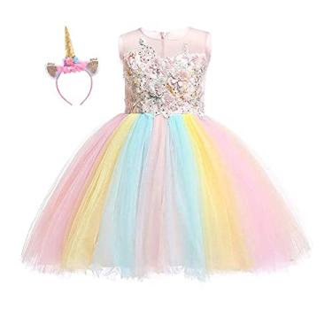Imagem de HIHCBF Fantasia de Dia das Bruxas Vestido de Unicórnio Vestido de Aniversário Vestido de Festa de concurso Vestido de tutu Flor Vestidos de Noite Carnaval Vestir Roupa, Multicolored, 6-7 Years