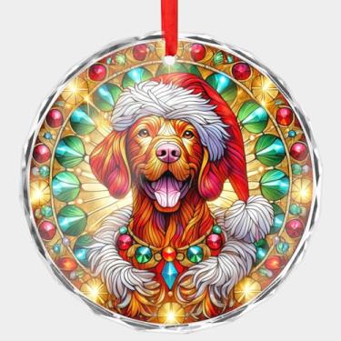 Imagem de Vizsla Retriever Enfeite de Natal de vidro de cristal para amantes de cães, design de vitral impresso plano de Vizsla em chapéu de Papai Noel, disco redondo de 7,6 cm (0,6 cm de espessura) com bordas