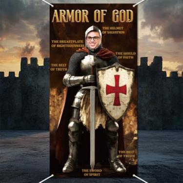 Imagem de WADORN Banner de porta com foto Armor Knight, 2,9 x 5,9 pés Cavaleiro da Bíblia Pano de fundo para fotografia de festa, tecido grande, tema medieval, rosto no orifício, faixa de porta suspensa com