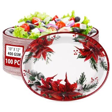 Imagem de 100 peças de pratos ovais de Natal, 25,4 x 30,5 cm, grandes, descartáveis, resistentes, poinsétias vermelhas, pratos florais de festa, Feliz Natal, pratos de sobremesa, para Natal, inverno, festivos
