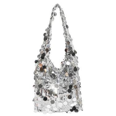 Imagem de Extolove Bolsa feminina com lantejoulas brilhantes para noite bolsa Hobo Glitter bolsa para festa de casamento, Lantejoulas grandes prata