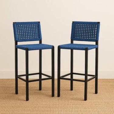 Imagem de Kit 2 Banquetas Altas Aço Corda Náutica Azul Para Bar Cozinha Varanda 