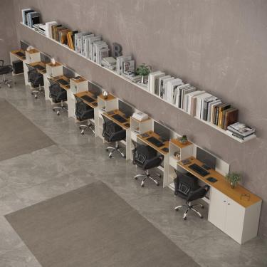 Imagem de Conjunto De Escritório Tech 6 Livreiro 1 Buffet E 7 Mesas 90 - Off White E Cedro Off White E Cedro
