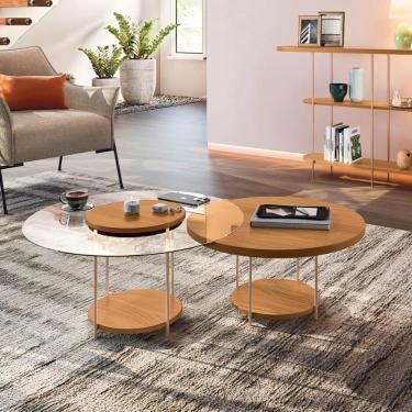 Imagem de Kit De Mesa De Centro Sky Com Pés Em Aço E Tampo Vidro E Mdf Cinamomo