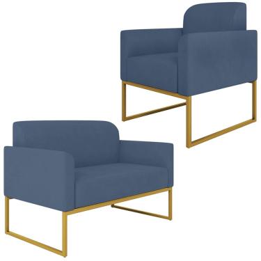 Imagem de Conjunto Namoradeira e Poltrona Decorativa Isabella Base Industrial Suede Azul Marinho/Dourado - Gran Belo