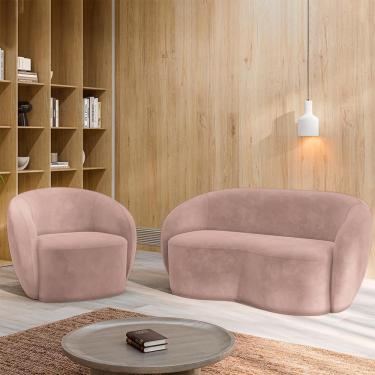 Imagem de Conjunto 1 Sofá Living 160cm e 1 Poltrona Decorativa Sala de Estar Íbis Encosto Fixo Veludo Rosê G33 - Gran Belo
