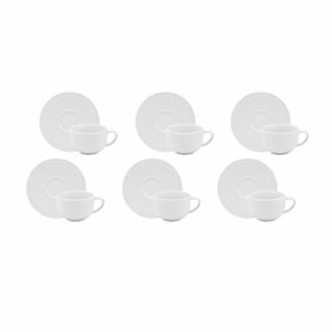 Imagem de Estojo com 6 xícaras de café com pires. Modelo redondo com relevo arcos. Branca. Fabricado pela porcelana schmidt.