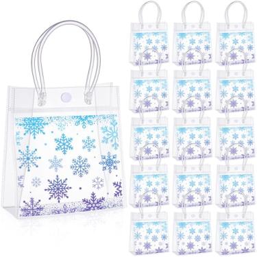 Imagem de Sweetude 40 peças de sacos de presente transparentes de floco de neve, PVC, Natal, inverno, lembrancinhas, sacolas de plástico para doces e guloseimas com alças azuis e roxas para chá de bebê de