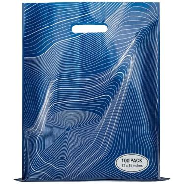 Imagem de Rainbows & Lilies 100 sacos de plástico azuis grossos com alças - 30,5 cm L x 38,8 cm A A a granel reutilizáveis sacos de compras para negócios, loja de varejo, boutique - Comporta mercadorias