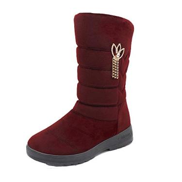 Imagem de Bigfanshu Bota feminina de camurça sintética, botas de neve de inverno, botas de cano médio, sapatos de cunha de pele, botas casuais femininas com zíper, botas pretas de pelúcia, Vermelho, 37 BR