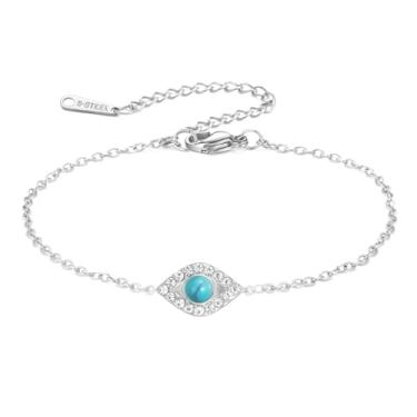 Imagem de LIKGREAT Pulseira de olho turco com olho azul turquesa com aço inoxidável turquesa joia de amuleto de proteção turca com zircônia para mulheres, Medium, Aço inoxidável, Sem Pedra Preciosa