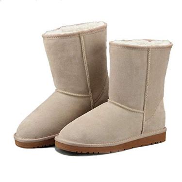 Imagem de Bigfanshu Botas masculinas clássicas 2020 moda quente pelúcia inverno sapatos impermeáveis de couro legítimo botas de neve botas de trabalho casuais mocassins de cano médio e slip-on botas Chukka sem cadarço e sem cadarço, Areia, 9 Wide