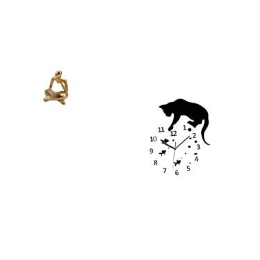Imagem de Fenteer Estátua Contemporânea Abstrata de Gato Pensador com Relógio Analógico Silencioso para Sala de Estar, Escritório, Estante, Mesa E Decoração de Casa de